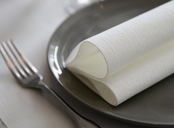 White linen-feel premium napkin folded on a plate